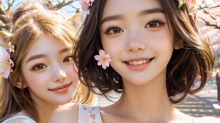 A girl with flowers on her face and a giraffe with a flower on its face, Flowers on cheeks, Kawaii realistic portrait, Realistic cute girl, Flower-faced girl, Beautiful digital artwork, Stunningly realistic facial portraits, Beautiful smile, Cherry blossom petals surround her, Cute numbers, guweiz style artwork, beautiful and smiling, Smiling sweetly,Clear facial features,Real People,masterpiece
