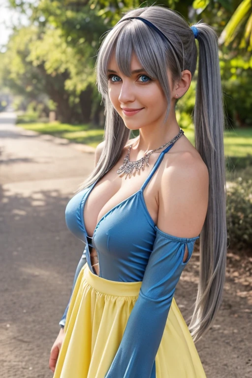 VELZARD, BANGS, BLUE EYES, GREY HAIR, HAIR BETWEEN EYES, LONG HAIR, TWINTAILS, YELLOW HAIRBAND, BARE SHOULDERS, JEWELRY, NECKLACE, DRESS, CLEAVAGE, DETACHED SLEEVES, BLUE SKIRT, 1girl, solo, upper body, facing viewer, looking at viewer, smile, H cup breast size, nipples see through, clothing see through 