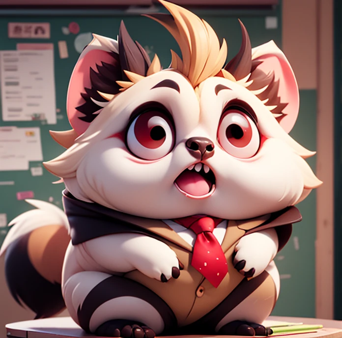 White Tanuki Hyena, Circle Eye, Red Monster Pupils, Pug Mouth, red Deerstalker, pink Tuxedo Jackets, red tie, looking at viewer, angry and Revulsion, holding Shotgun, Desk in Classroom
