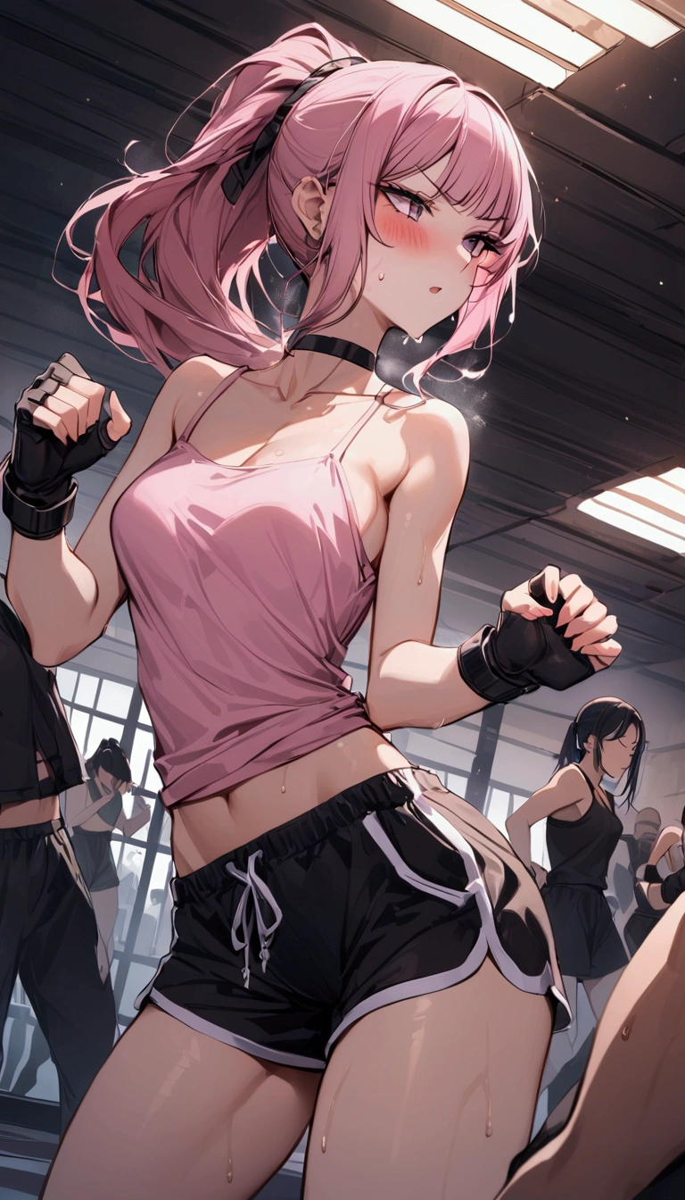 {{masterpiece}}, {{{Highest quality}}},{{Very detailed}}{{female martial artist}},{{Female fighters are sparring in the ring and struggling.}},{{during a match}},solo,1girl, {{Very slim legs:1.2}},slim body,{{}},{{}},Mature Women,Dynamic composition、Dutch Angle,from side,Focus on thighs,,v-shaped eyebrows.profound,Bad mood,blush,Sweat,{{clavicle:1.4}},{{}},,choker,,,,black fingerless gloves,dolphin shorts, Pink camisole, long hair,ponytail Blunt bangs,high-cut sneakers,{{On the ring:1.4}},Small crowd outside the ring,Martial arts gym, Indoor