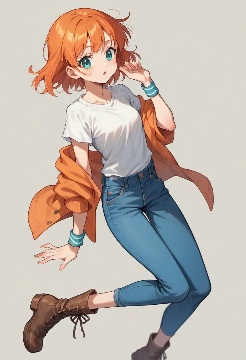 kirino kousaka, long orange hair, cyan eyes, slender, japanese female, model, young woman, high-waisted blue denim pants, tucked in white t-shirt, ankle boots, wristbands, light open cardigan blouse, fashionable
