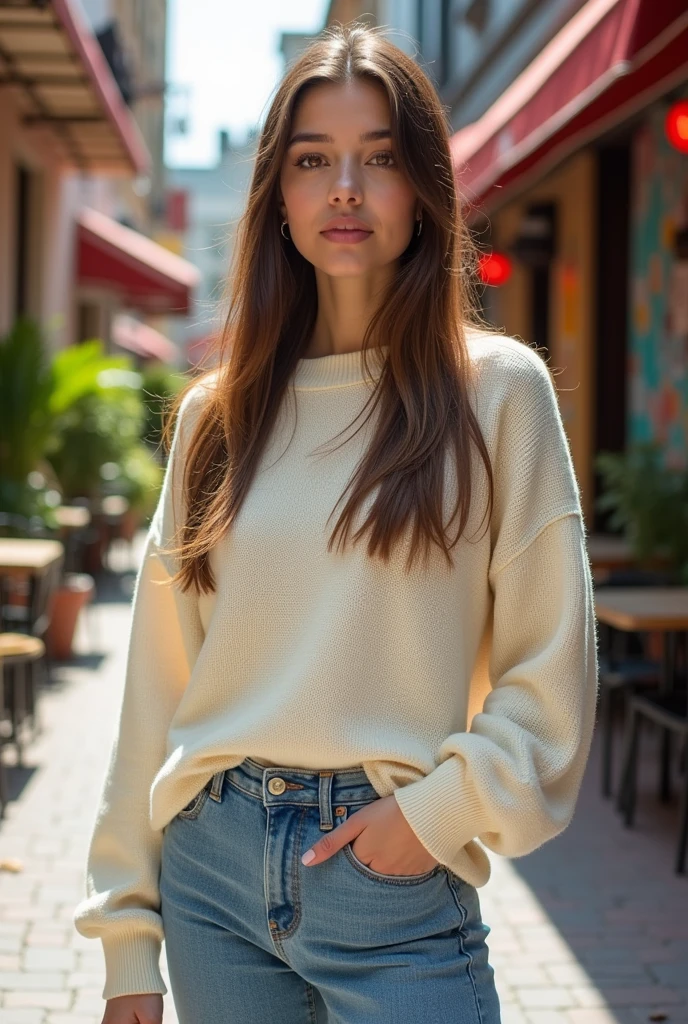 Woman 25 years old. thin face. Straight brown hair. amber eyes. casual outfit.