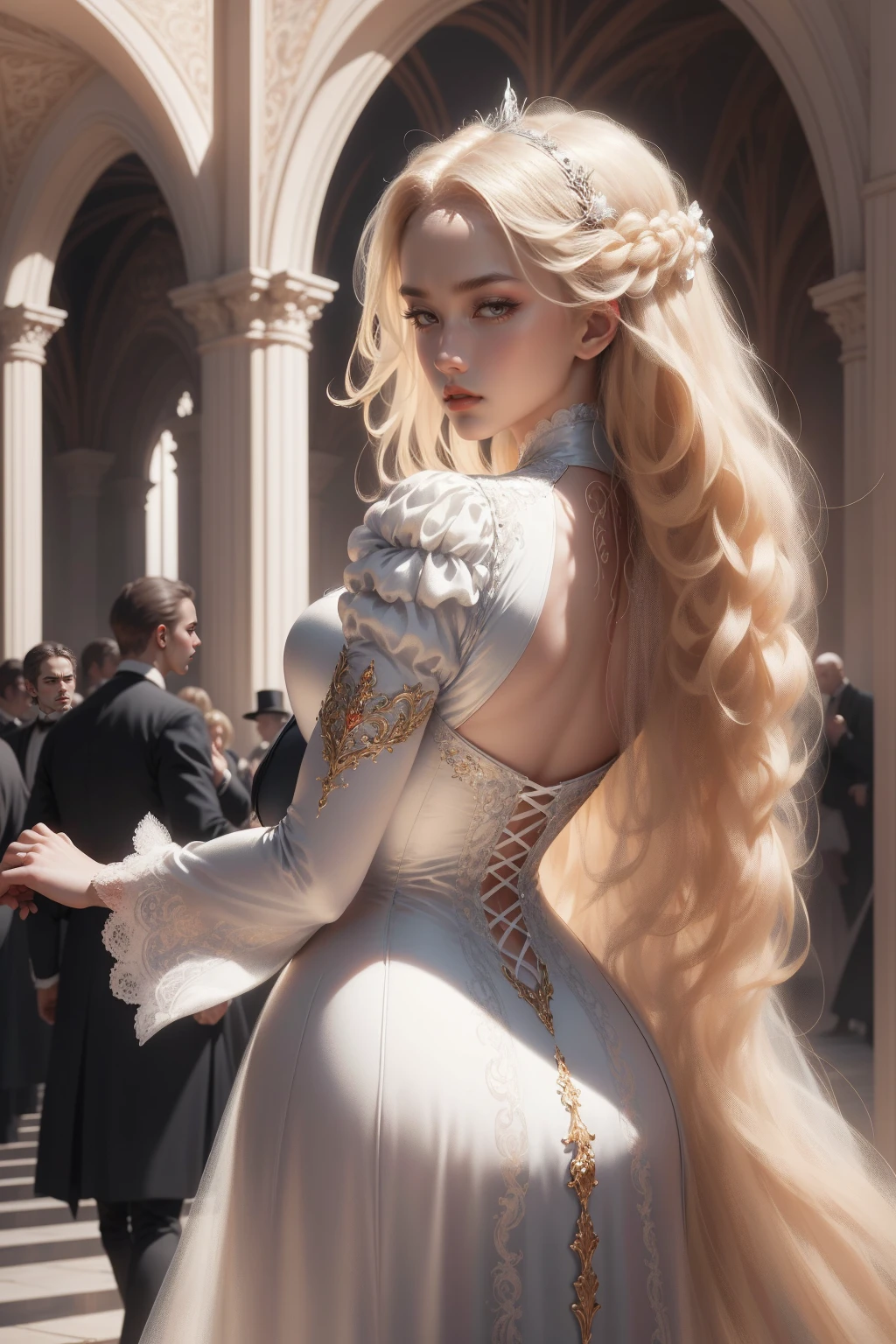 (Masterpiece - Ultra-detailed, very high resolution) Prepare to be enchanted by a true masterpiece that combines ultra-detailed art with high-resolution rendering. This work depicts a mesmerizing woman with very long blond hair (1.3) and captivating gray eyes (1.2), emanating an aura of elegance and mystery in Victorian settings. The intricate details and realistic textures invite you to explore every aspect of this enchanting composition. Woman wearing beautiful classic Victorian costume from the year 1878. Red lipstick. Happy face. Smiling. white (white) dress. Walking, backwads, looking back, dynamic poses. Get ready to dive into a world where beauty and craftsmanship merge perfectly.