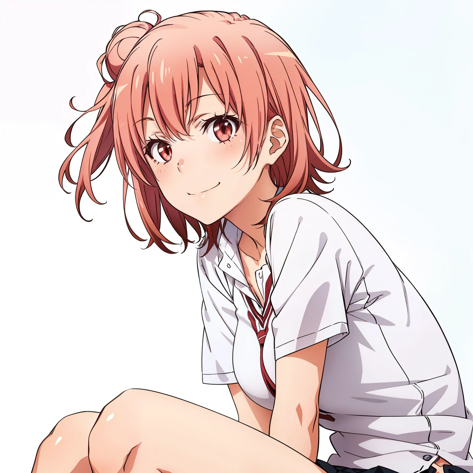 ((masutepiece, Best Quality, hight resolution, nffsw, Perfect Pixel, depth of fields, 4K, )), 1girl in, Solo, , Beautiful anime girl, Beautiful Art Style, Looking at Viewer, Perfect body, Yuigahama Yui, Short hair, single hair bun, pink hair, (large boob), Full face blush, Smile, thighs thighs thighs thighs, school outfit, white background, sitting on floor, portrait shot, Focus,