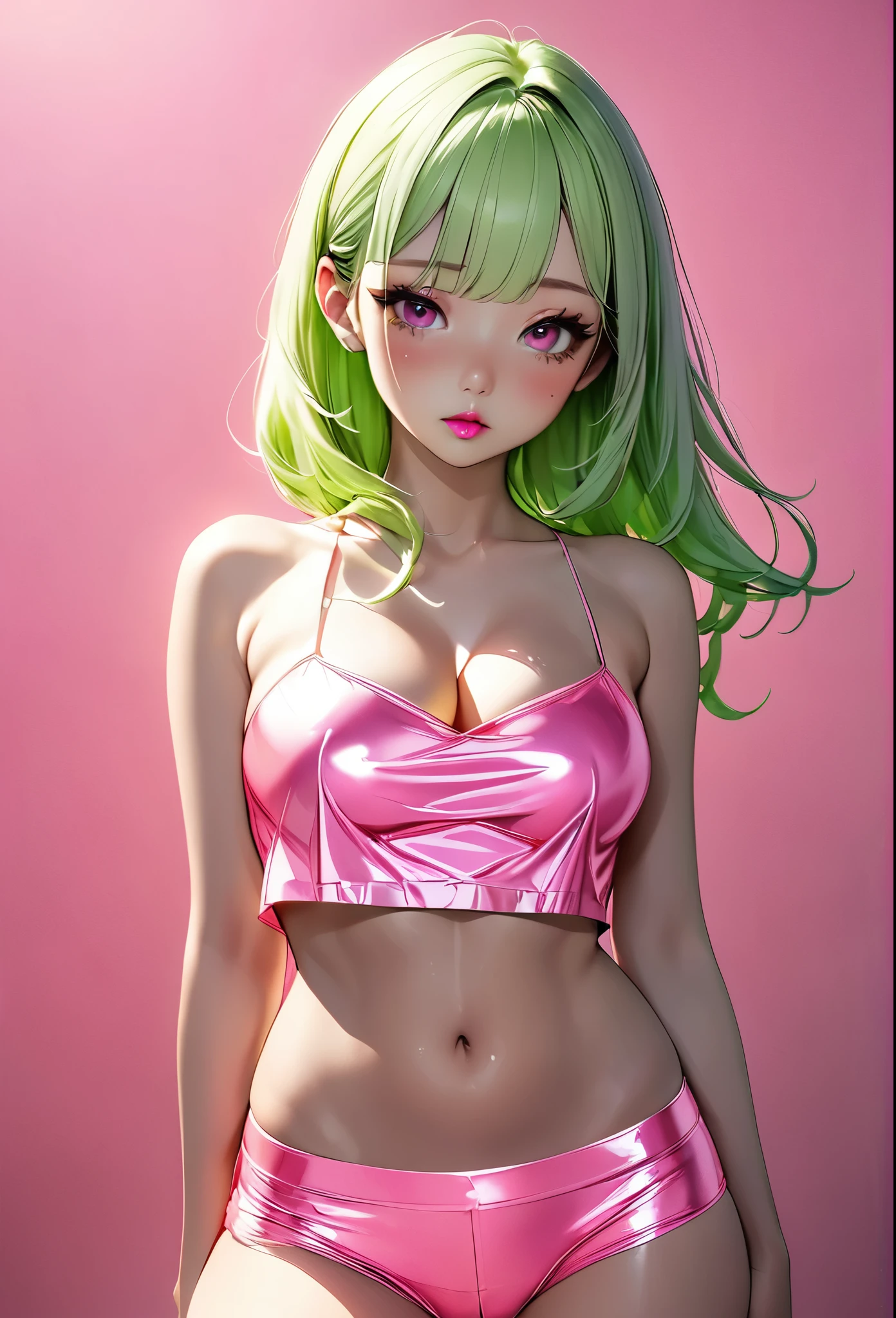 ulzzang, neon pink lipstick, , perfect tits, thin thighs, thin, sexy, lime green metallic crop top, ((underboob)), (messy neon green hair), pink eyes, minimalist, lonely, cleavage, monochromatic neon green color palette, soft lighting, ((submissive)), blushing, ((neon pink background)), ((looking at viewer)), ((realistic)),