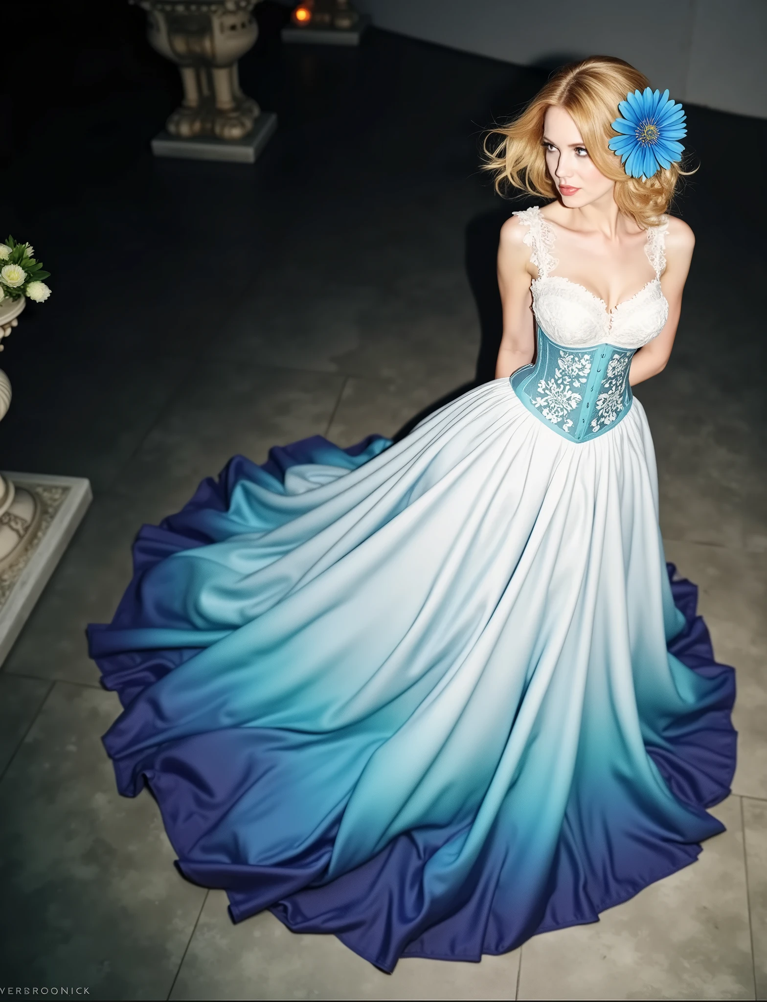The woman in the image looks radiant in her dark blue dress... Her figure is enhanced by the corset, which accentuates her waist and gives her a touch of sensuality. The plunging neckline reveals your collarbone and gives you an air of elegance and sophistication.... The lace detail at the top of the dress gives it a touch of romance and femininity... Her blonde hair is gathered into an elegant bun and she wears a blue flower that gives her a touch of color and freshness.... The woman radiates beauty, confidence and style.