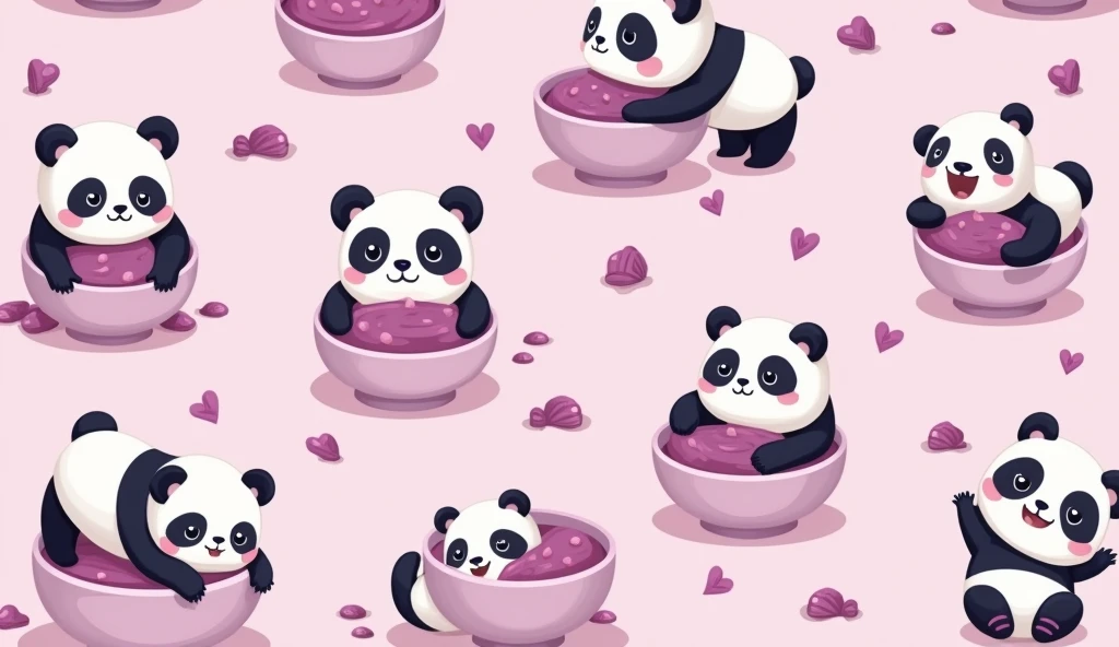 A delightful and whimsical seamless pattern featuring adorable cartoon pandas playfully frolicking among bowls of rich purple pudding. The entire design is set against a pastel pink background, creating a cozy and dreamy atmosphere. The pandas and pudding are drawn in a cute, stylized manner, making this pattern perfect for adding a touch of sweetness to any design.