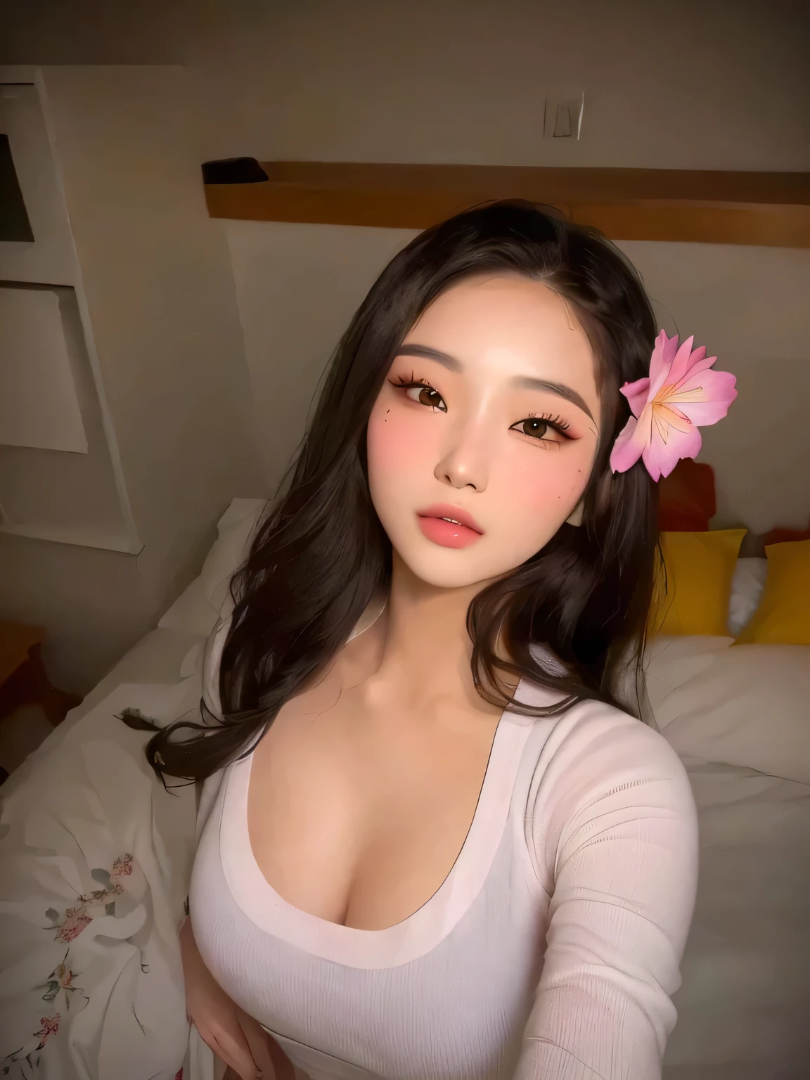 arafed asian woman with a flower in her hair posing for a picture, ???? face with full makeup, asian girl, beautiful asian girl, korean girl, asian face, beautiful south korean woman, gorgeous young korean woman, 18 years old, belle delphine, beautiful young korean woman, asian beautiful face, half asian, young cute wan asian face, japanese goddess