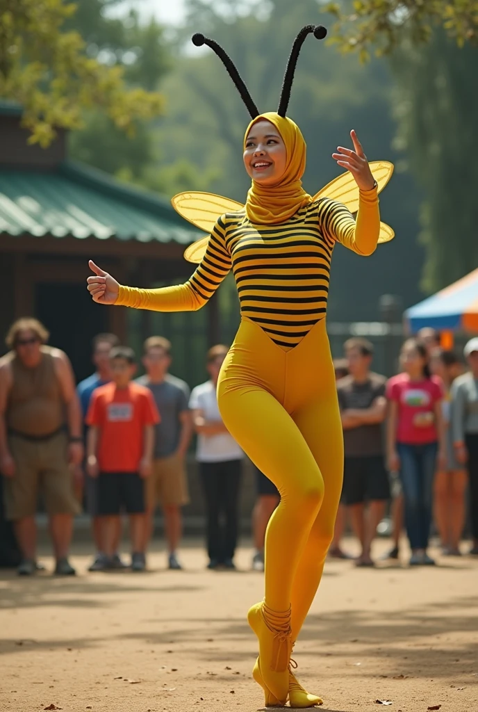 The beautiful Chinese flexible adult girl with beautiful cheeks wears yellow bee full lycra dancewear turtleneck unitard catsuit covered with black stripes.She has a pair of wings.She wears yellow lycra elastane dancewear hijab-like zentai hood with a pair of long antenna.She is happy to perform contortion performance in the zoo.