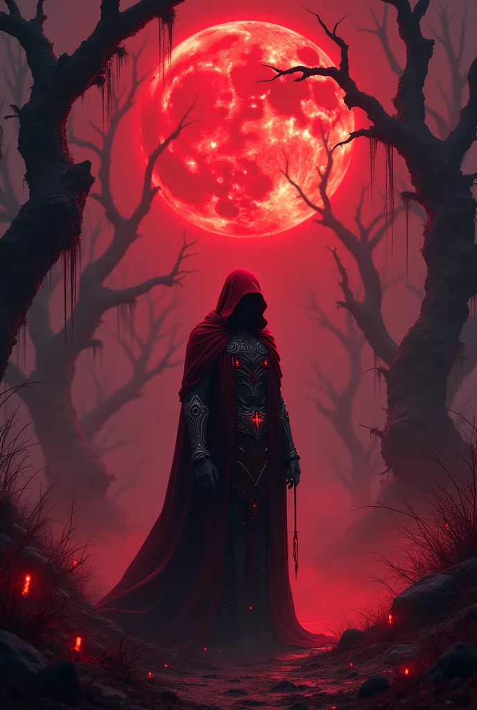 a red necromancer, blood moon, ray tracing, masterpiece, best quality, ultra-detailed, best lighting, ultimate shadows, sharp, sharp image, extremely detailed, amazing resolution, 8k, 4k, ultra-high resolution, particle effects, beautiful effects, vivid colors, neon lights, neon, lighting