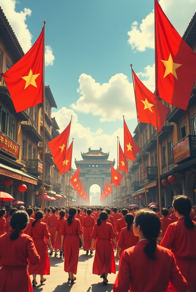 Hanoi in 1954、Many Vietnamese flags are raised