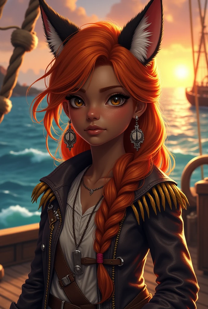 A tall girl with brown skin and orange hair in a long braid, His eyes are a little slanted, has fox ears, She is a pirate and she is the captain