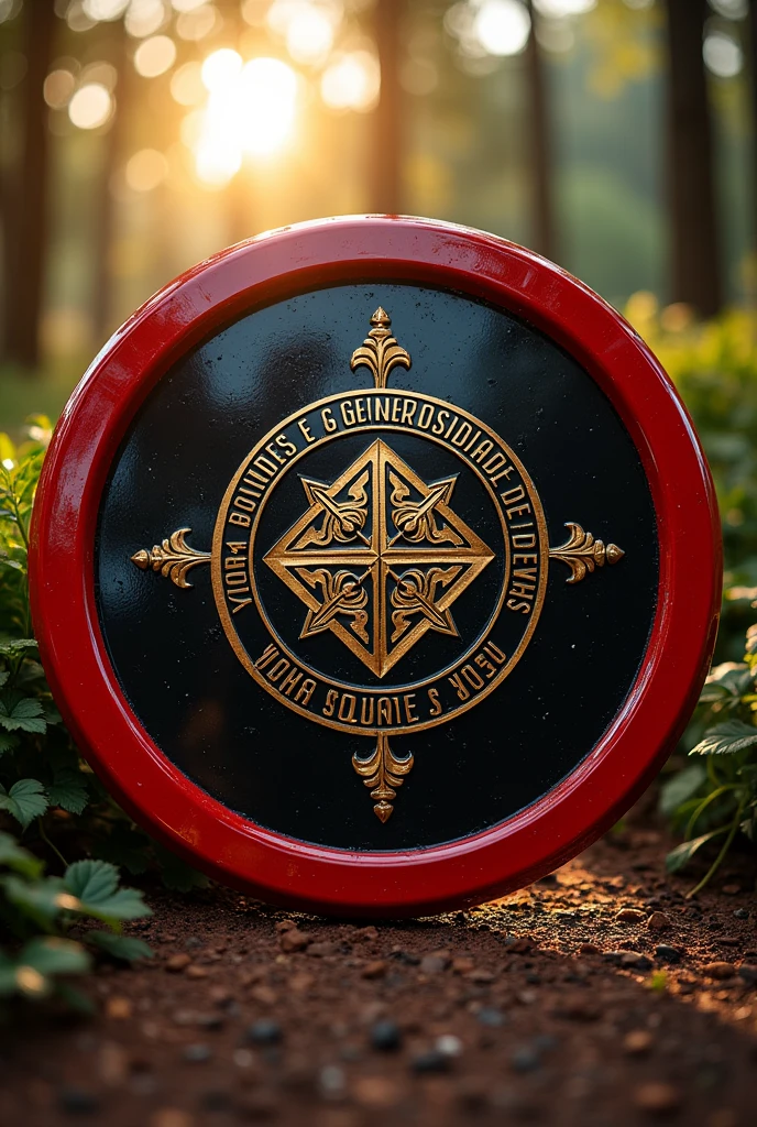 Round black and red shield with the symbol of the Church of the Four Square Gospel of Praise Ministry with the name YOHA GOODNESS AND GENEROSITY OF GOD in Portuguese  