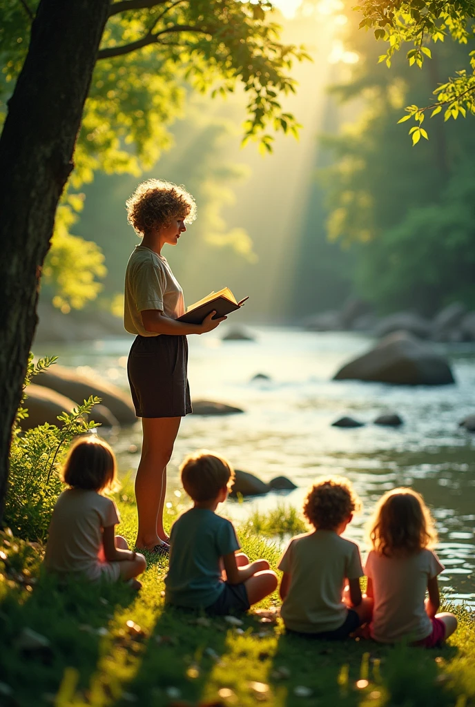 Tall, white female teacher with short curly hair telling stories to students by the edge of a river.