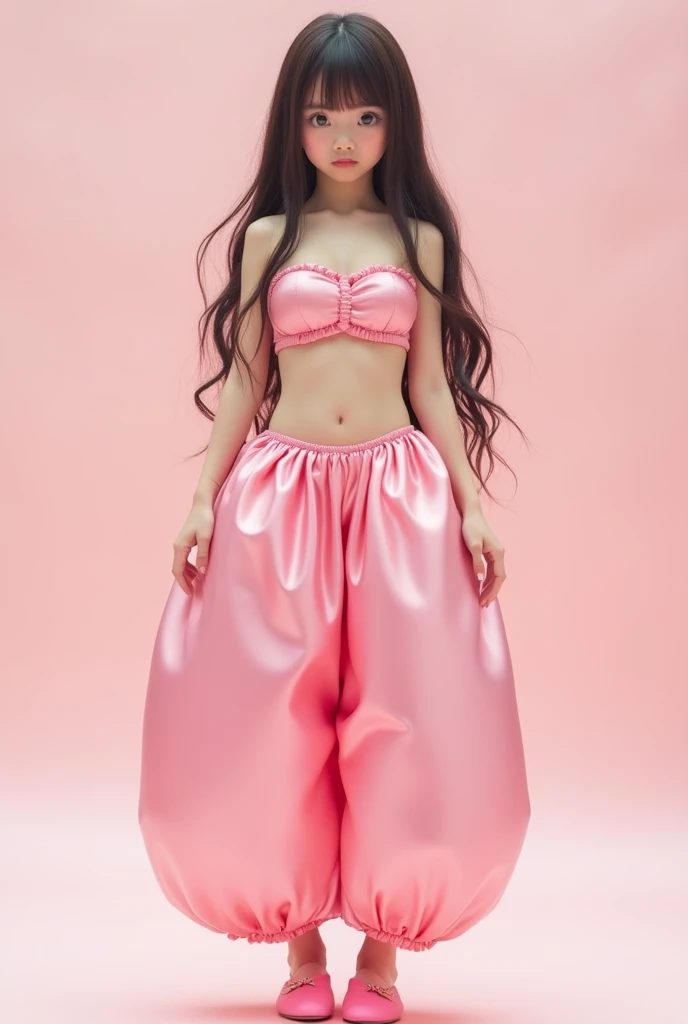 Japanese age high school girl, solo, fullbody, brown eyes, brown long hair in a hime cut, wearing an Arabian outfit consisting of humongous inflatable satin princess Jasmine-style pantaloons with her belly button showing, pink school slippers & a giant inflatable satin strapless bra top. The pants are light pink and extremely puffy and completely round and completely spherical, high quality.