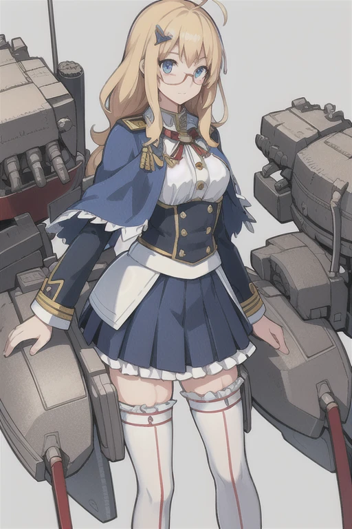 Hood \(warship girls r\),((masterpiece)),(((best quality))),((ultra-detailed)),((illustration)),((disheveled hair)),((frills)),(1 girl),(solo),1girl,blonde hair,blue capelet,blue eyes,blue jacket,blush,buttons,cannon,capelet,closed mouth,flag,glasses,hair ornament,jacket,long hair,long sleeves,looking at viewer,machinery,mecha musume,military uniform,miniskirt,pleated skirt,red-framed eyewear,ribbon,rigging,semi-rimless eyewear,shirt,skirt,smokestack,solo,standing,striped,sword,thighhighs,turret,under-rim eyewear,underwear,uniform,union jack,white legwear,After the transformation,
Moderate legs,ahoge,