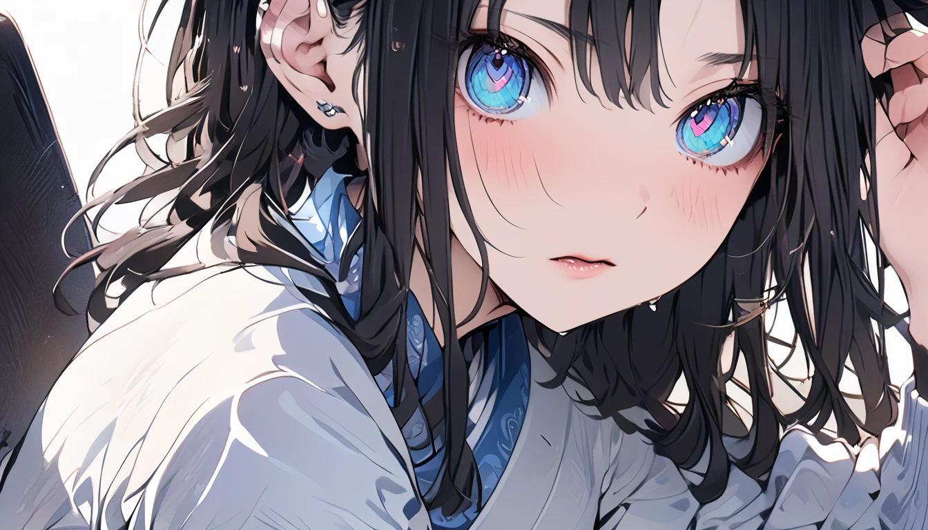 masterpiece, High resolution, perfect face, Japan beauties, 30 years old, beautiful face, white background, high school student, embarrassed look, look at the camera, (top quality eyes), detailed texture, Look at me, Married woman, cool women, ((high resolution eyes)), hentai eye