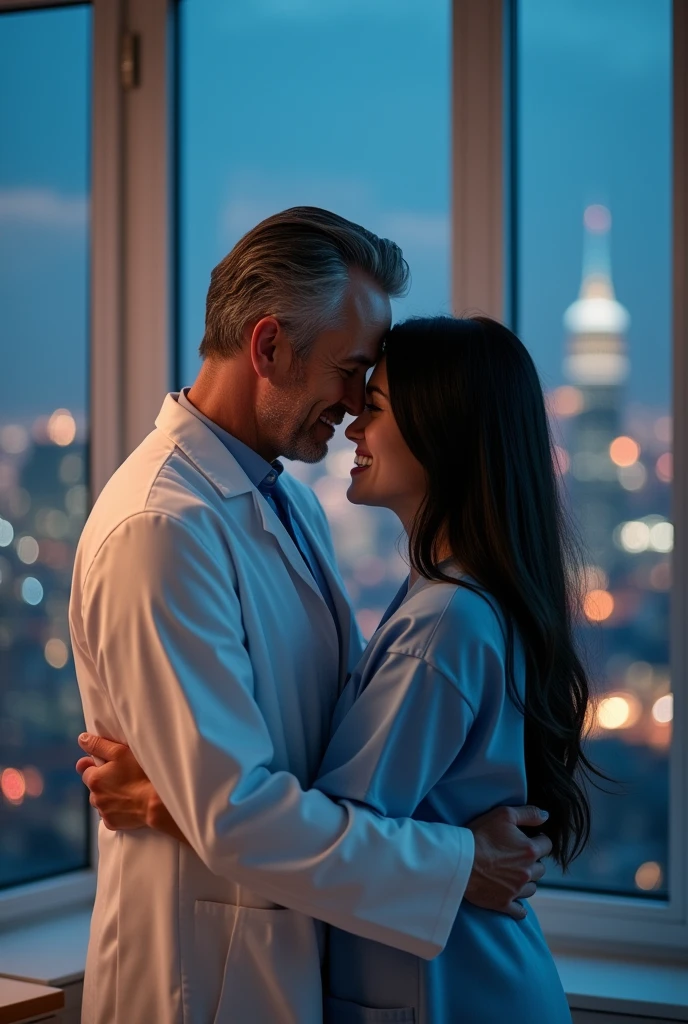 A 47-year-old man, with jet-black hair with gray streaks, wearing a doctor's coat, gently embracing a young woman with long, straight, jet-black hair, who smiles and cries with happiness, wearing a blue patient's gown. In the background, in a room resembling a nurse's station, with a large window overlooking London at night.