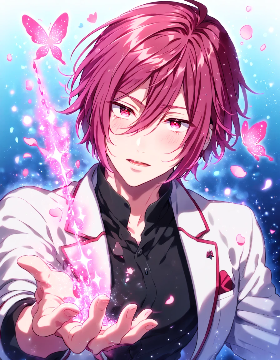 absurdres, highres, ultra detailed, HDR, master piece, Matsuoka Rin, Maroon hair, expressive red eyes, Free!, white jacket, black shirt, fantasy, glittering pink butterflies, petals, magical, handsome, sexy man, solo, very detailed eyes and face, glittering, pink flowers, sensual, horny, crystal glass magic, pink shining fireflies, pink fire, manly man,