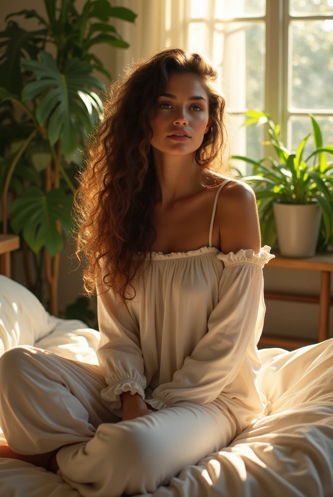 (photorealism:1.2), beautiful woman, sitting on bed, wearing loose off-shoulder top, pajama pants, long curly hair, indoors, soft lighting, plants in background, window with sunlight, cozy room, relaxed pose, realistic, intricate details, warm colors, by Greg Rutkowski, by Alphonse Mucha