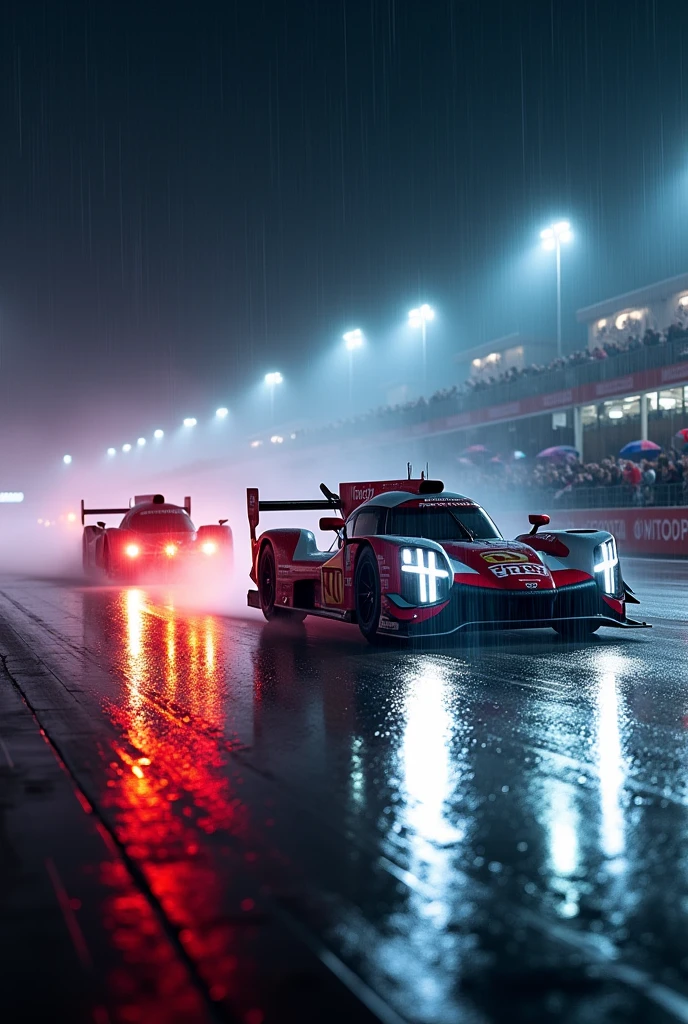 Nissan GTR LM Nismo versus Toyota GR010-Hybrid at Le Mans in the rain