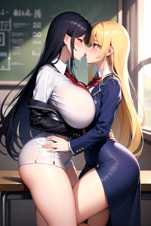 Lesbian (very long loose yellow hair)(big breasts, big thighs)(with school uniform clothes it is very tight) that he is kissing at school with his girlfriend,(big breasts, big thighs)lesbian love