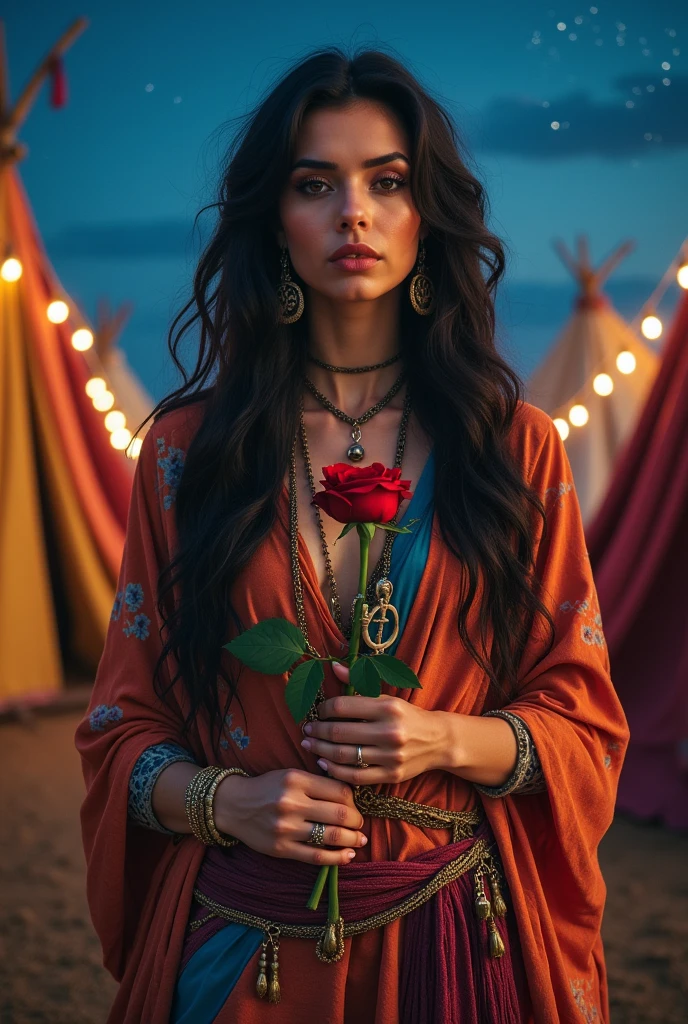 Gypsy with a red rose, an anchor and a key