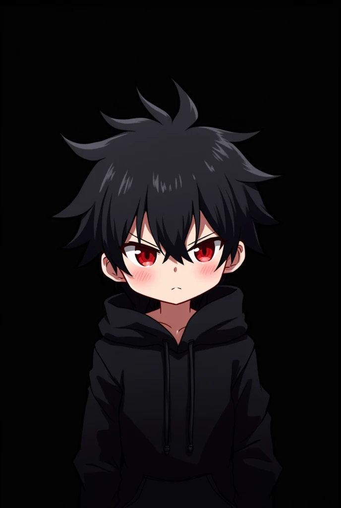  black  background , Anime boy , Black spiky hair , black hoodie , red eyes , narrowed eye , blush , serious look , chibi