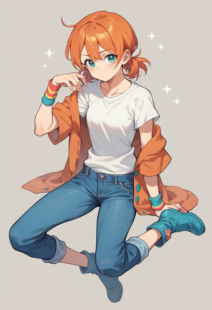 kousaka kirino, long orange hair, cyan eyes, slender, japanese female, model, young woman, high-waisted blue denim pants, tucked in white t-shirt, ankle boots, wristbands, light open cardigan blouse, fashionable
