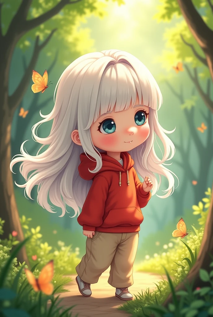 Create a 2-year-old with long white hair, blue eyes, a red hooded shirt, and beige pants in anime style.
