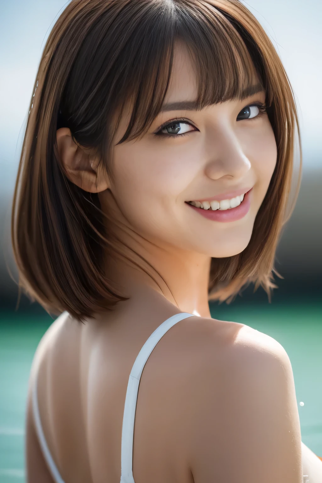 Online Camera,Extremely beautiful, Slingshot swimwear,chat,Push your hips forward,Rear View,Looking at the camera,(highly Detailed face:1.5), (Captivating smile:1.2), (logic:1.6), 1. Take off your bikini by the water, White Bikini, Beautiful sea, Firm Hips, Center of the buttocks, The crotch is open, Looking back at the camera, See the butt from behind, Sexy ass, Sexy Japanese women, alone, big, Arch your back, High resolution, 16K, RAW Photos beautiful detail, Extremely detailed CG, High Quality Shadows, RAW Photos, surreal, Embarrassing, , Junior high school girl, (((Huge breasts:1.2)))、Japanese, Natural Makeup, Long eyelashes, Shiny and smooth light brown bob hair, Asymmetrical bangs, Sunburned skin, Center image, High resolution, Detailed hairstyle, Detailed face, Cinema Lighting, Octane Rendering, Hyper Real, Perfect limbs, Perfect Anatomy,