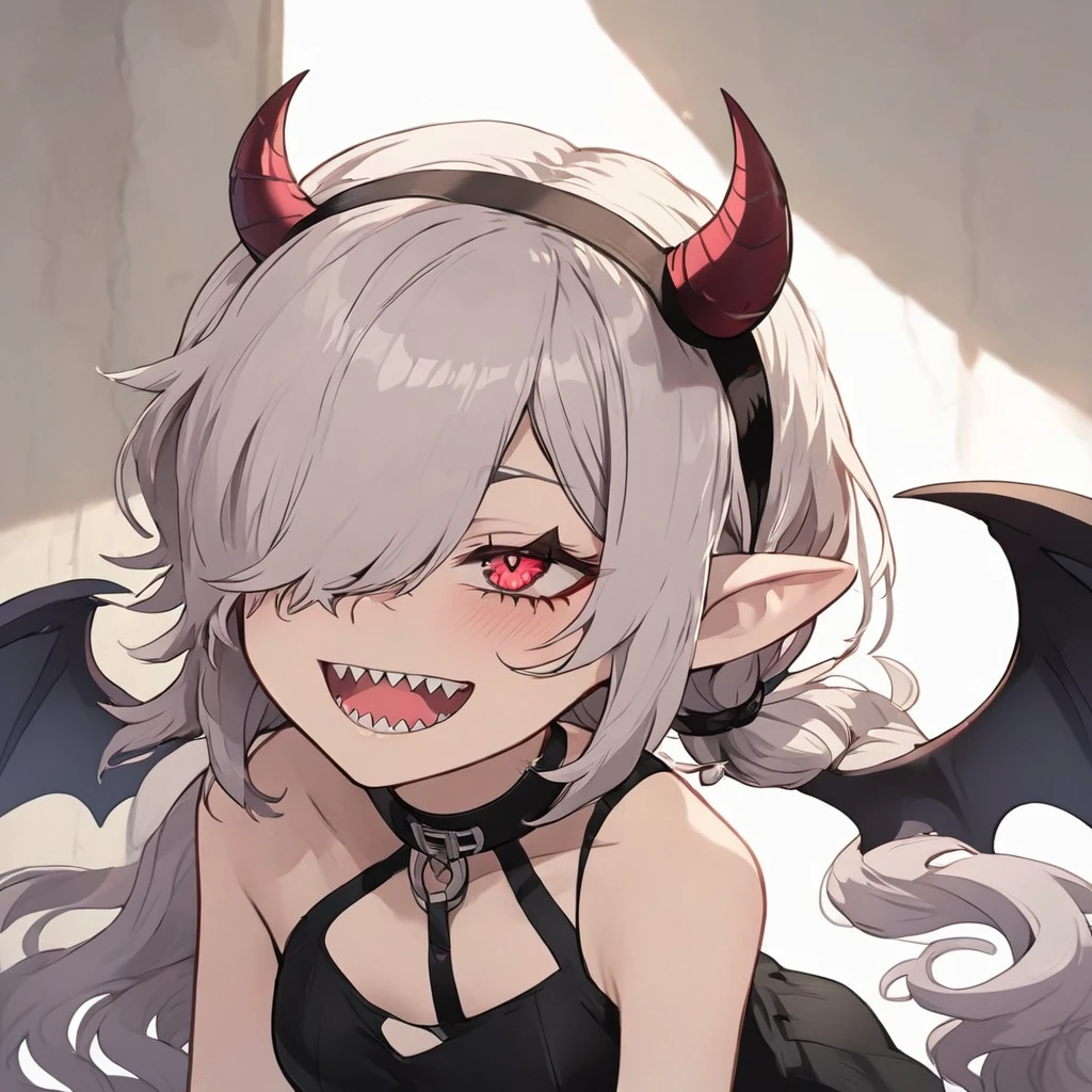 Rosto detalhado, grandes olhos, sharp teeth, hair over eyes, hairband, demon horns, demon wings, long hair, pointy ears, elf