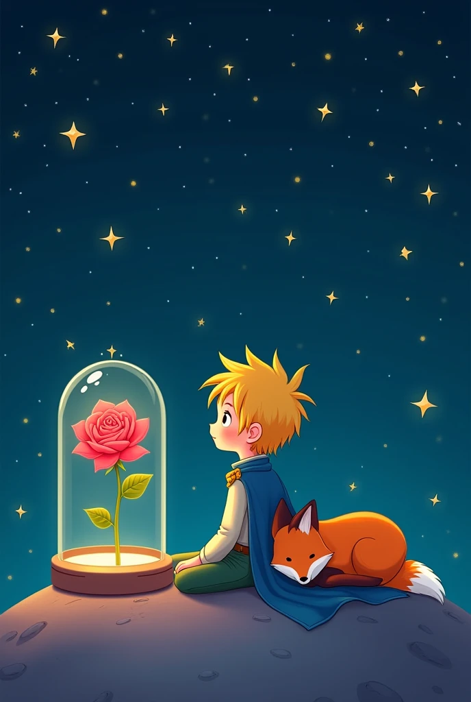 Dessin cartoon
Le petit prince ainsi que le renard, is sur leur planete, regardant les etoiles. La rose sous le bocal est à gauche du petit prince
Ration 9;3