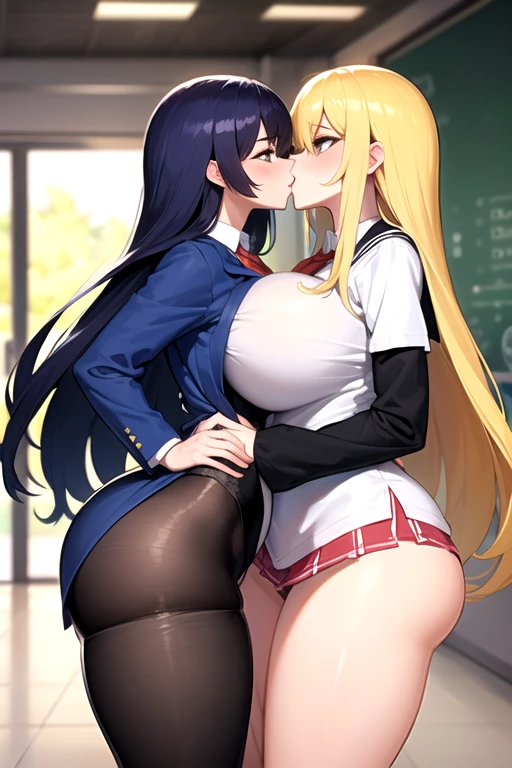 Lesbian (very long loose yellow hair)(big breasts, big thighs)(with school uniform clothes it is very tight) that he is kissing at school with his girlfriend,(big breasts, big thighs)lesbian love