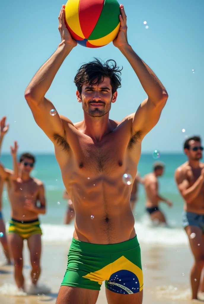A handsome 27-year-old tall white young man in a men's fashion show on the beach shore wearing a green, yellow and blue Brazilian swimsuit with a beach ball in his hand. Many people applaud him and bubbles are around him. Tight boxer shorts in the colors of the Brazilian flag. Unshaved, white, tall with black hair.
