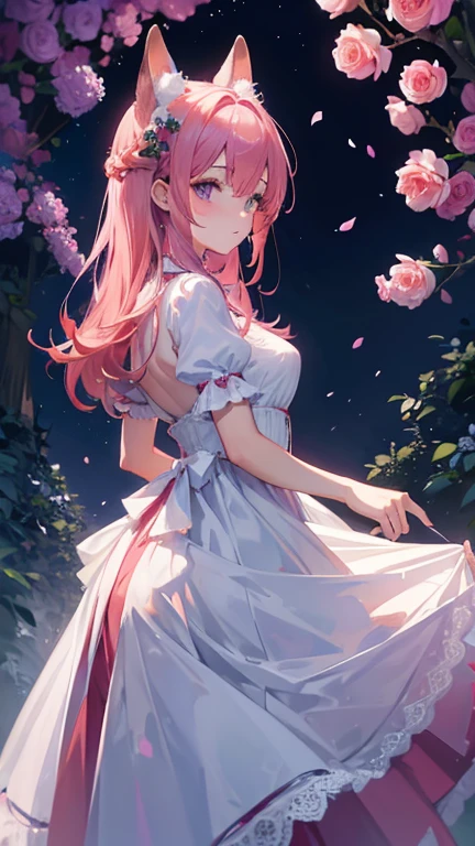 Une femme aux longs cheveux roses avec des oreilles de renard et 9 queues de renard. Robe rose élégante courte et un collant violet.
