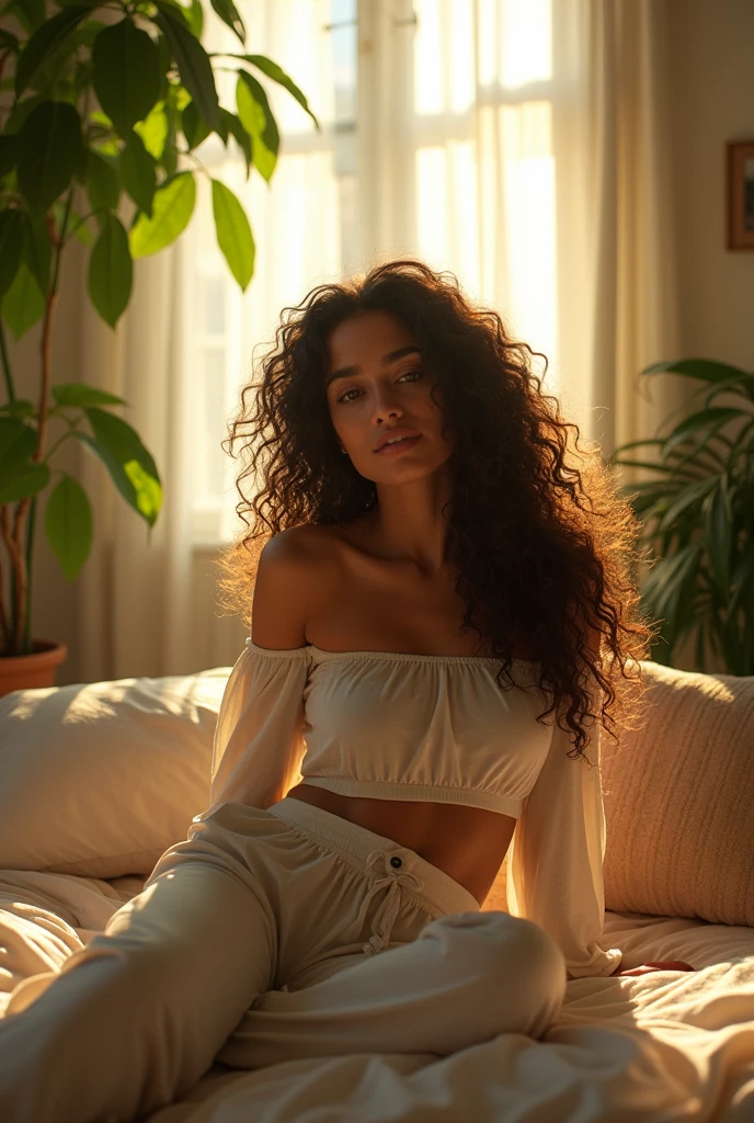 (photorealism:1.2), beautiful woman, sitting on bed, wearing loose off-shoulder top, pajama pants, long curly hair, indoors, soft lighting, plants in background, window with sunlight, cozy room, relaxed pose, realistic, intricate details, warm colors, by Greg Rutkowski, by Alphonse Mucha
