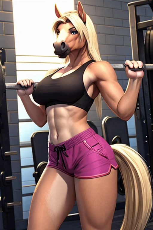 Masterpiece, (fullbody, head to toe), sexy look, smiling, long blonde hair, nipples bulge, (erect cock, massive, detailed horsecock, long cock), ( cowboy chaps with belt, sport bra, baseball cap,  shiny leopard print, dark animal print:1.2, snikers, masterpiece, Best quality, futanari. Muscle, muscled body, sexy body, gym background nsfw