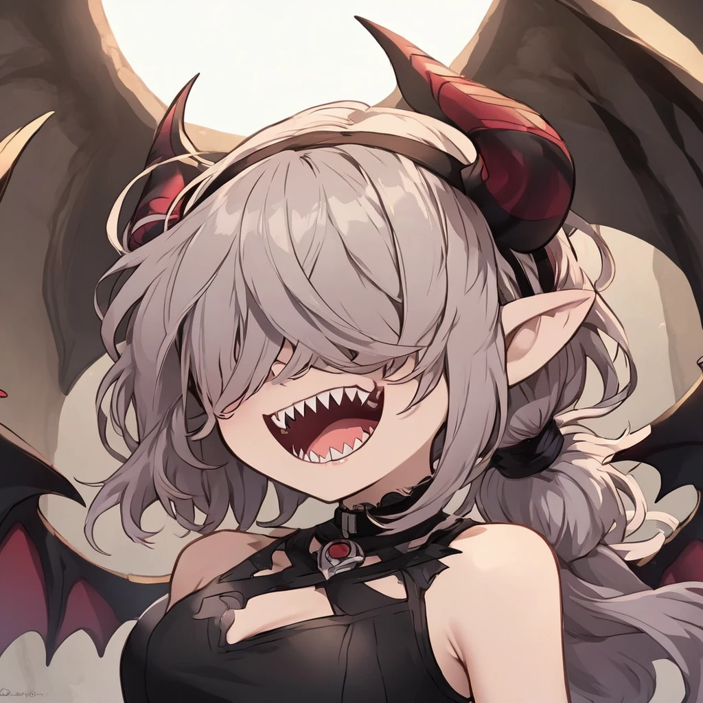 Rosto detalhado, grandes olhos, sharp teeth, hair over eyes, hairband, demon horns, demon wings, long hair, pointy ears, elf