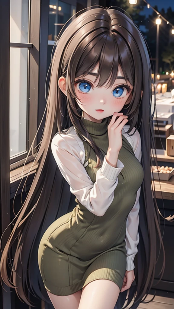 A 19-year-old Italian woman、olive-toned healthy skin。sleek and rich dark brown hair。Bright, pale blue eyes。moderately toned physique、Balanced proportions。A cute outfit with a sexy, tight-knit dress。expression is bright and lively。The background is a forest at night。