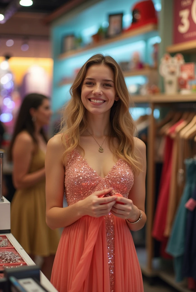 A student is going to pay at the checkout of a store with a party dress in hand