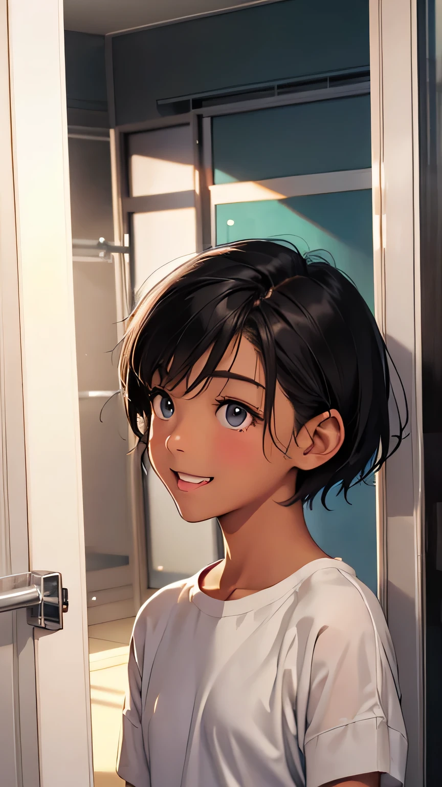 Highest quality、Realistic、、zoom、Primary school students、Girl、look up、cute、Light grey eyes、Black Hair、short hair、Tanned brown skin、Dark Skin、underwear、Shy laugh、Flat Chest、Bust Shot、下からlook upアングル、low length、thin、Changing clothes、shower room