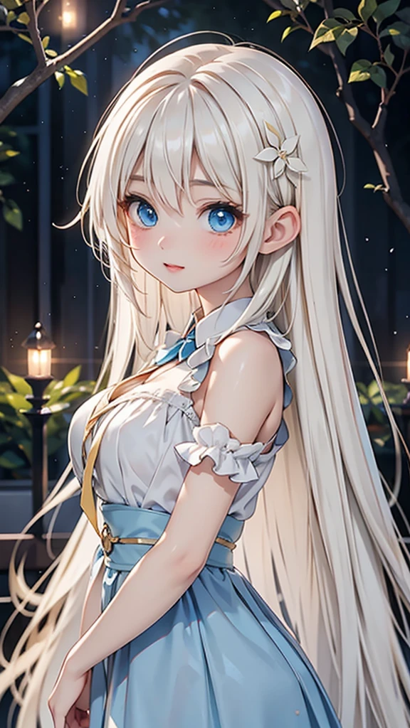 Late 20s European woman、Anime-style illustrations。Short stature with a youthful appearance、Fair skin。Short stature with a youthful appearance、Long, bright golden-white hair、Big Blue Eyes。Delicate and slender figure。Wearing a fairy-like elegant dress。Cute expressions and gestures。The background is a forest at night。Overall delicate and dreamy atmosphere。High-quality digital art。