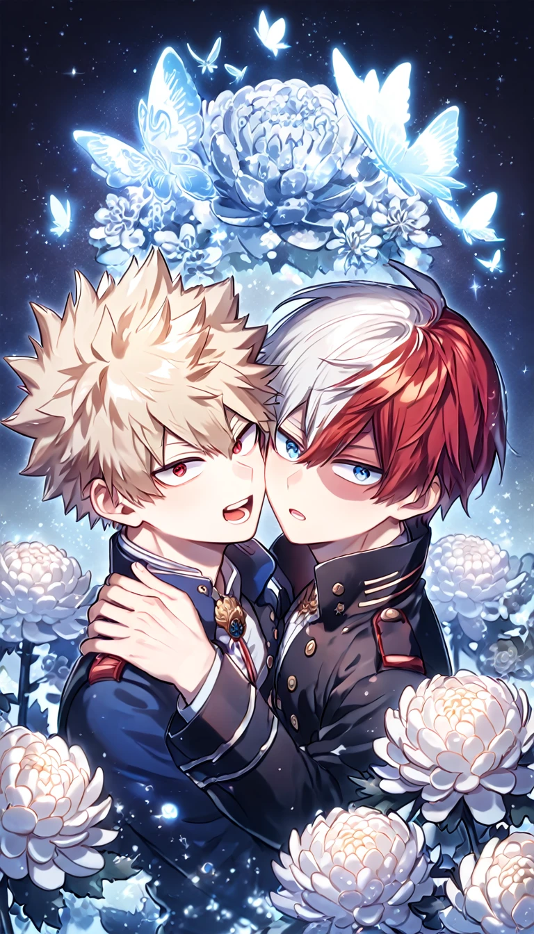 absurdres, highres, ultra detailed, HDR, master piece, best quality, extremely detailed, Todoroki Shouto, bicolor hair, right side white hair, left side red hair, expressive blue eyes, Boku No Hero Academia, Bakugo Katsuki, ash-blonde hair, expressive red eyes, two sexy men together, yaoi, gay couple, handsome, manly man, black coat, dark blue coat, fantasy, magical, crystal, sparkling, silver glittering fireflies, silver moon, silver blossoms, silver ice chrysanthemums, silver sparkling lights, starry sky, blue flames, silver ice butterflies