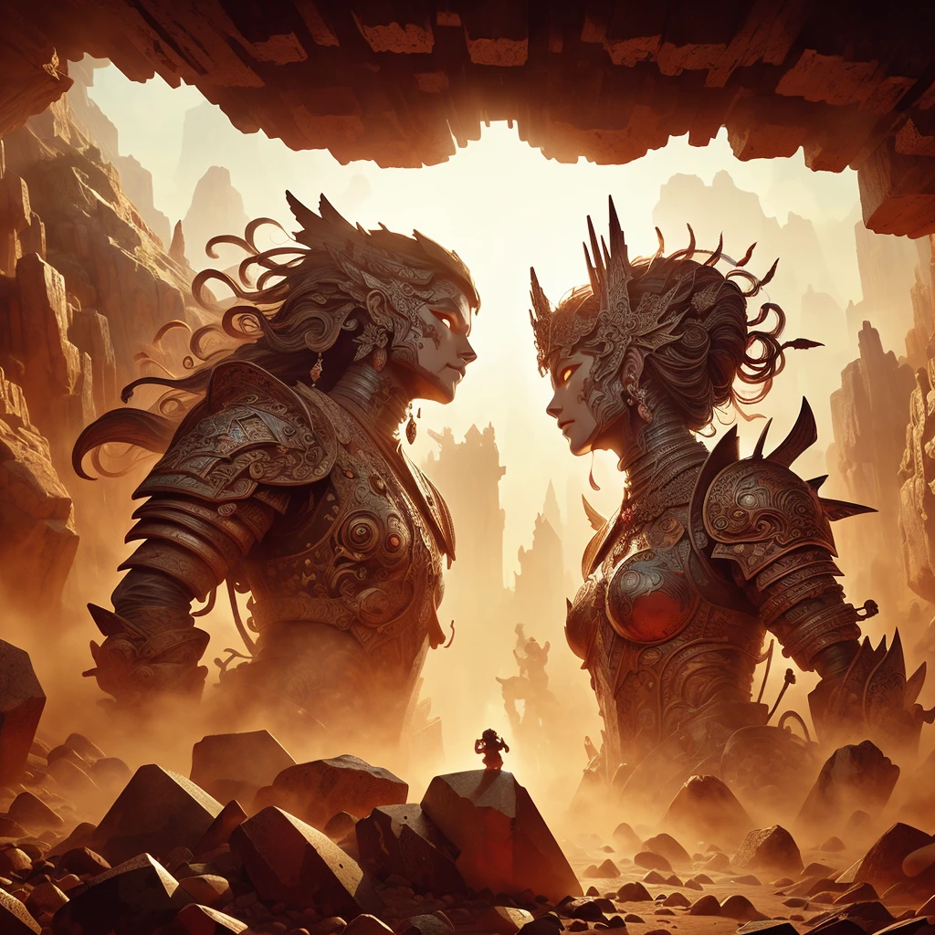 (Ultra-detailed face, looking away, Fantasy Illustration with Gothic, Ukiyo-e, Comic Art, Rich colors), 
BREAK 
(This is a world of rocks and sand with a dust storm of red sand. Two huge 200 meter tall rock statues of legendary soldiers in armor stand side by side facing each other. parabolic effect)