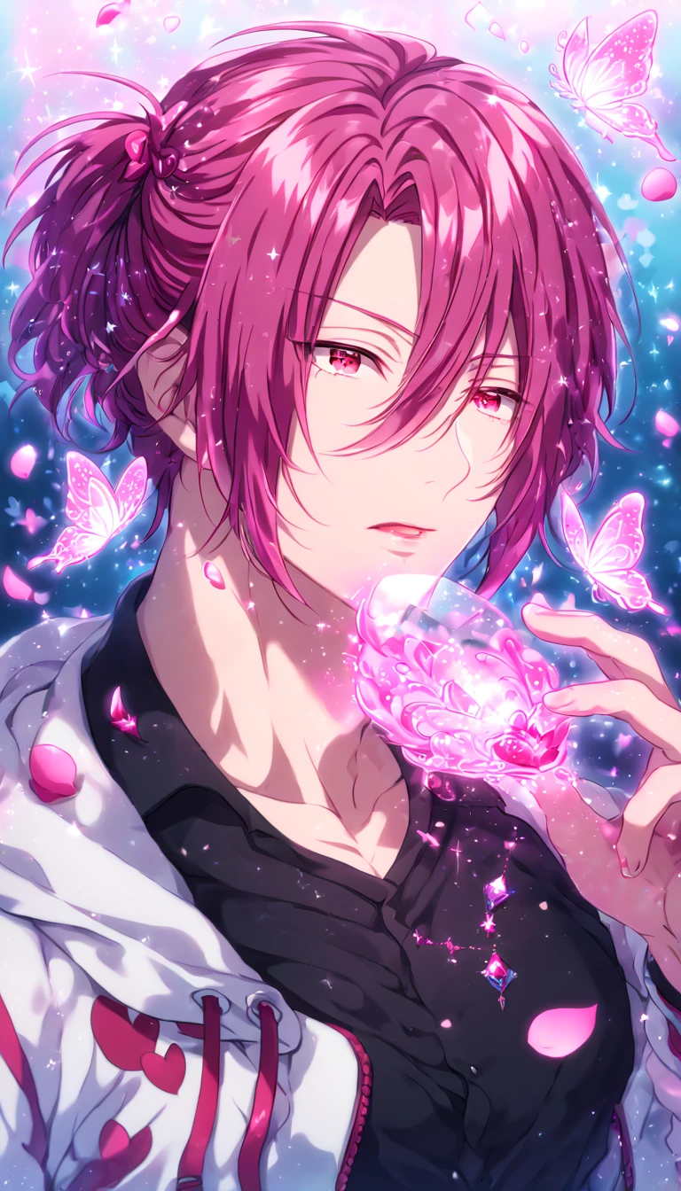 absurdres, highres, ultra detailed, HDR, master piece, Matsuoka Rin, Maroon hair, expressive red eyes, Free!, white jacket, black shirt, fantasy, glittering pink butterflies, petals, magical, handsome, sexy man, solo, very detailed eyes and face, glittering, pink flowers, sensual, horny, crystal glass magic, pink shining fireflies, pink fire, manly man,