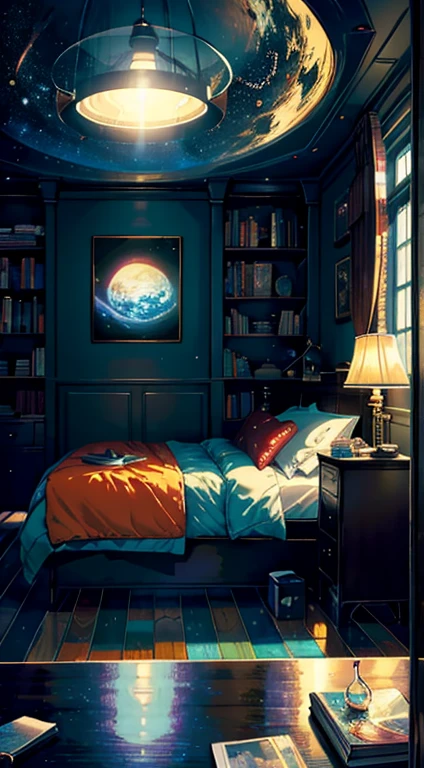 Cozy room, table, bed, many books, paintings, happiness, full color, multicolored, artificial, highest detail, super quality, small details, glare, neon lights, masterpiece, illustration, daylight, huge room, huge windows, I’m space, stars, planets, at night, black hole