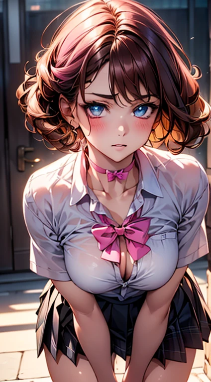 (masterpiece:1.2, Highest quality), (Realistic, photoRealistic:1.4), Beautiful illustrations,
Looking at the audience, whole body, Front view:0.6,
1 , Japanese, high School girl, ((Bob Hair:1.7, Brown Hair:1.3)), middle part:1.3, Medium chest:1.8,
Beautiful Hair, Beautiful and detailed, Beautiful clavicle, Beautiful breasts, Beautiful thighs, Beautiful legs, Beautiful fingers,
(Beautiful views), , School,
((Collared short-sleeved shirt, White shirt, , Grey plaid pleated skirt, Blue checked bow tie, choker)),
(Are standing, Grab the hem of the skirt, please put your hand on your chest, Place your hands between your legs, Leaning forward),
blush, (Eyes glowing Pink:1.4)