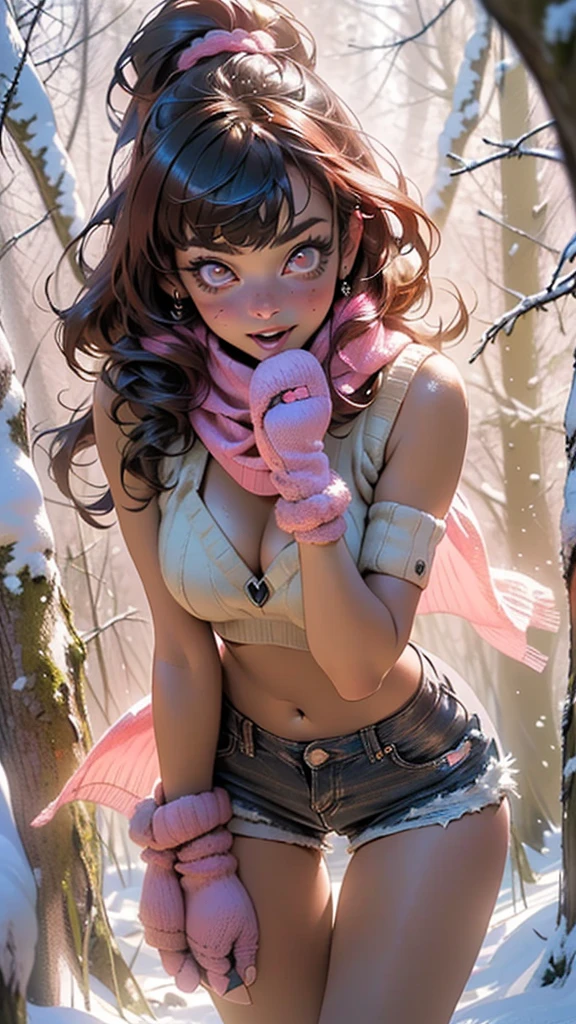 explorer girl,1girl,((extremely cute and beautiful red haired explorer girl)),(((18 years old))),(large breasts:1.4),((((red hair:1.35,absurdly long unkempt hair,ponytail red hair,bangs,colored inner hair,ear breathing)))),(((red_eyes:1.3))),intricate eyes,beautiful detailed eyes,symmetrical eyes,((((lustrous skin:1.5,tanned skin,bright skin:1.5,skin tanned,shiny skin,very shiny skin,shiny body)))),(spider lower abdomen,narrow waist,wide hip,athletic body,inflated legs,thick thighs,detailed body,(detailed face)),((heart pupils:1.5,heart:1.3,hearts:1.3,heart marks:1.3)),(ahegao face:1.5),
cute,slutty,seductive,erotic,(nsfw),
((large white socks:1.5,socks texture must be natural)),((deep V sweater:1.5)),((no bottoms)),((white mittens:1.5,white scarf:1.5),((navel)),((shorts,short shorts,denim shorts)),(((unzipped, open fly))),
(dynamic pose:1.0),embarrassed,(centered,scale to fit dimensions,Rule of thirds),
((snowy pink cherry forest:1.5,pink theme forest:1.5)),winter,scenery:1.25,((intricate scenery)),((snow forest background)),
(Glossy winter ornaments),highres,sharp focus,(ultra detailed,extremely detailed),(photorealistic artwork:1.37),(extremely detailed CG unity 8k wallpaper),(((vibrant colors,vibrant theme))),(intricate),(masterpiece),(best quality),artistic photography,(photography taken by sldr),(intricate background),perfect rendered face,perfect face details,realistic face,photo realistic,((intricate detail)),(((realism))),