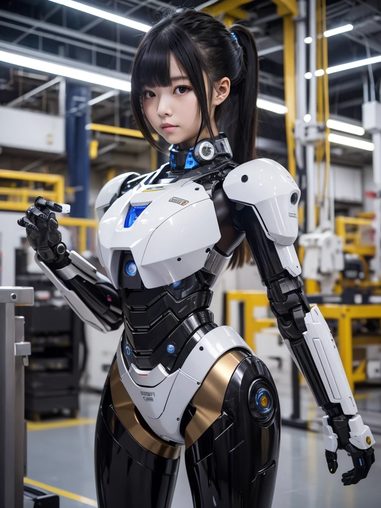 masterpiece, Highest quality, Very detailed, Japaese アンDroid girl,Portraiture,Plump,Thick,Control panel,アンDroid,Droid,Mechanical Hand, robotの腕と脚, Black Hair,Blunt bangs,perfect robot girl,Long tube,A thick cable was attached to her neck.,アンDroid,robot,humanoid,cyborg,japanese cyborg girl ,robot-assembly plant,She is now assembling,Assembly scene,Chubby,